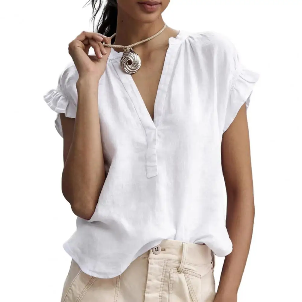 

Women Blouse Shirt, V Neck Ruffled Stitching Short Sleeve Tops, Pure Color Loose Fit Pullover Tops for Casual Daily Wear