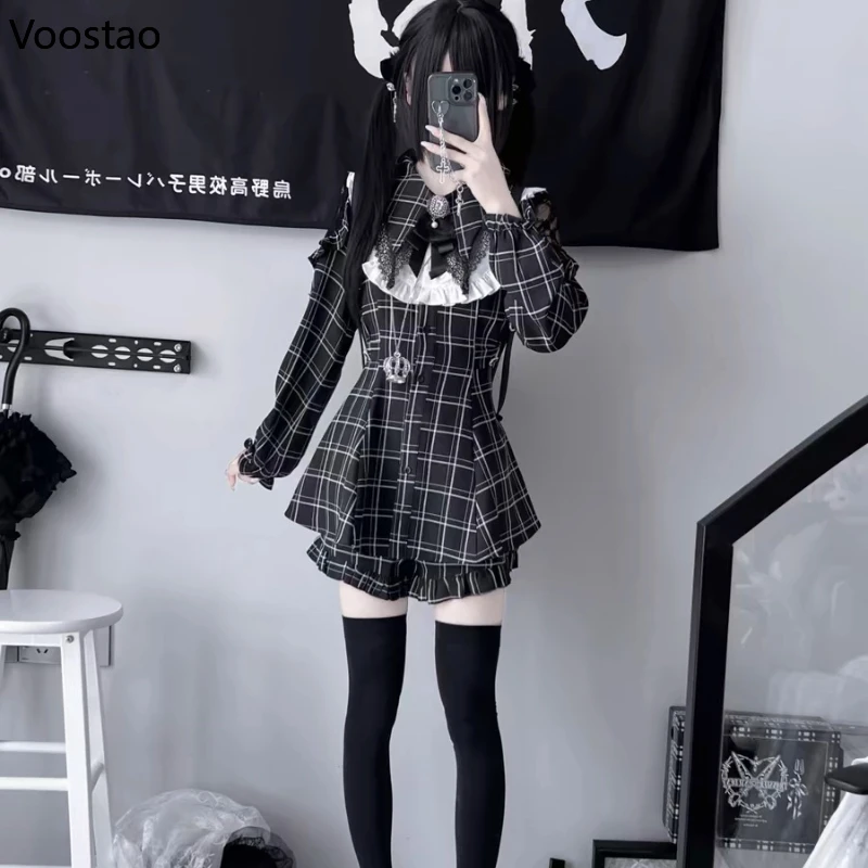 Japonês harajuku y2k lolita strass arco vestido shorts conjunto feminino gótico manga longa camisa de renda vestido kawaii shorts 2 peça conjunto