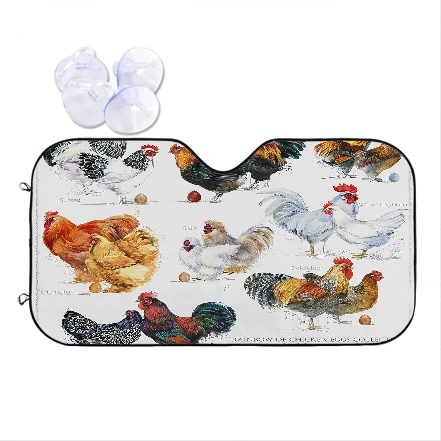 Chicken Breed Collection Car Windshield Sunshade Hand Drawn Watercolor Farm Hen Rooster Sun Shield for Front Window Sunshades