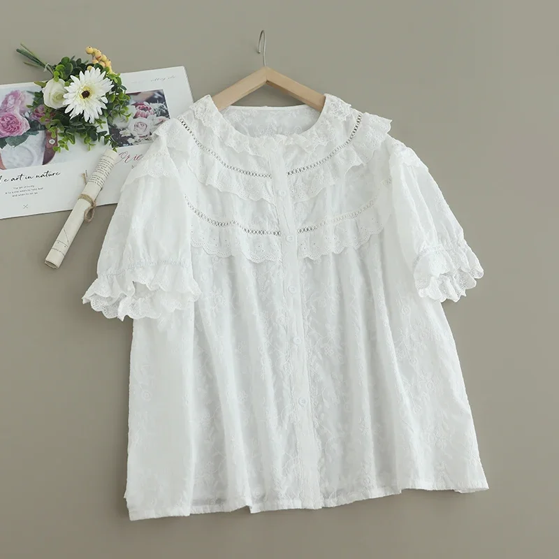 Summer Sweet Mori Girl Hollow Out Ruffles Embroidered Shirt Women Short Sleeve Single Breasted Casual Loose Cotton Tops