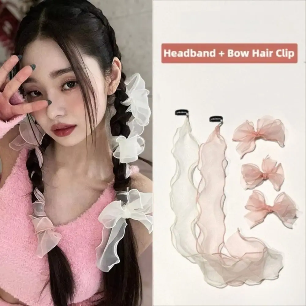 

6pcs White Lace Bow Hair Clip Set Pure Desire Long Ribbon Bowknot Hairpin Barrette Korean Streamer Braided Hair Accessories