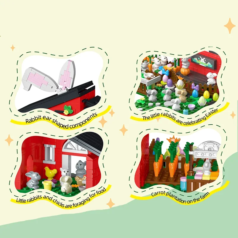Décennie s de construction de fête de ferme de pâques, modèle de maison de lapin, ensemble de briques avec lumière, jouets de bricolage pour enfants, cadeau de vacances, 3 en 1, 445 pièces