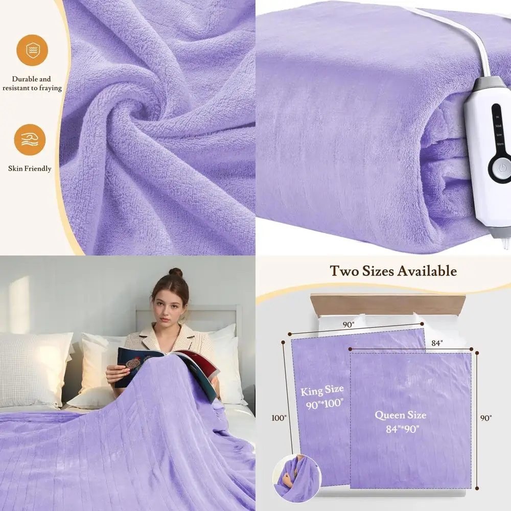 

Queen Size Electric Blanket 84x90 - 4 Levels of Heat, Dual Controls, Auto-Off, Soft Coral Fleece, Purple