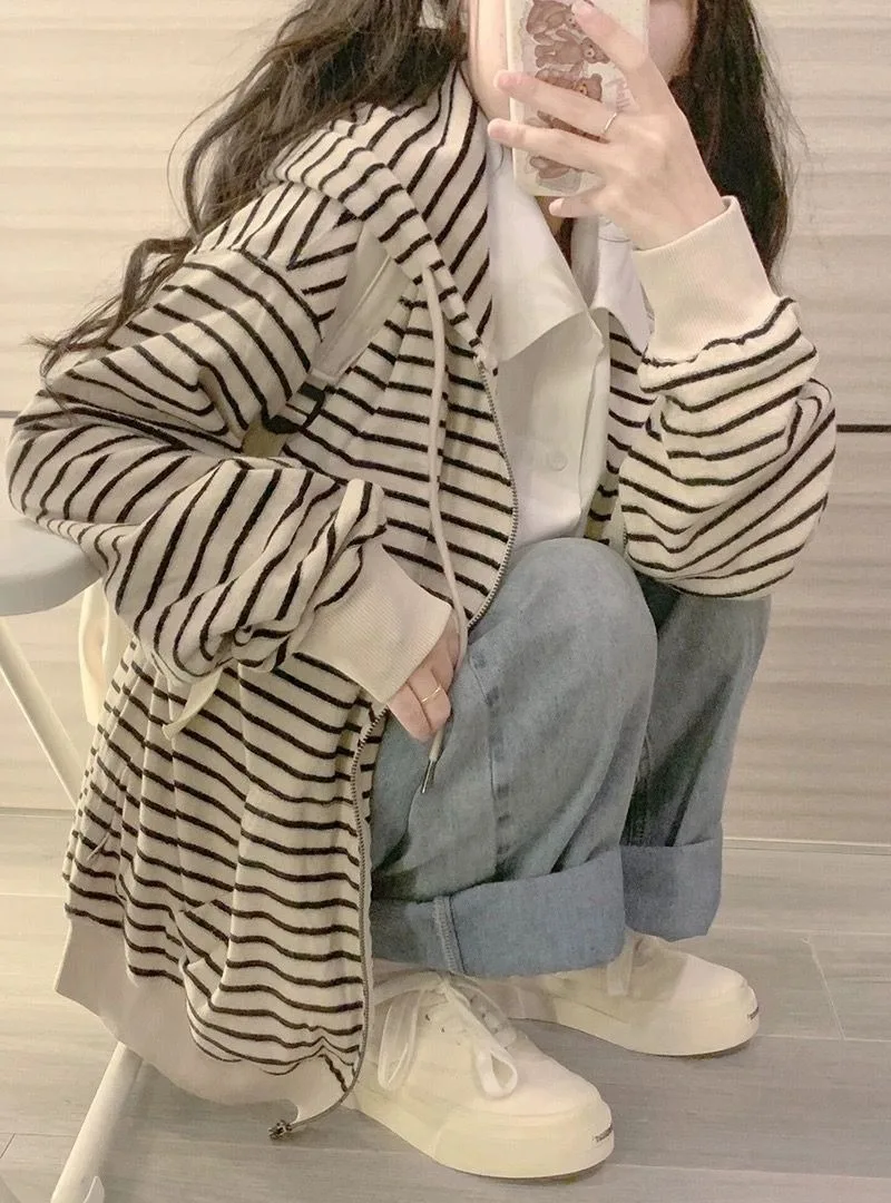 Koreanischer Vintage-Streifenpullover für Damen, Frühling/Herbst, Neuer Lässiger Kapuzen-Cardigan mit Reißverschluss, Dünner Freizeit-Oberteil für Damen – Detail 2