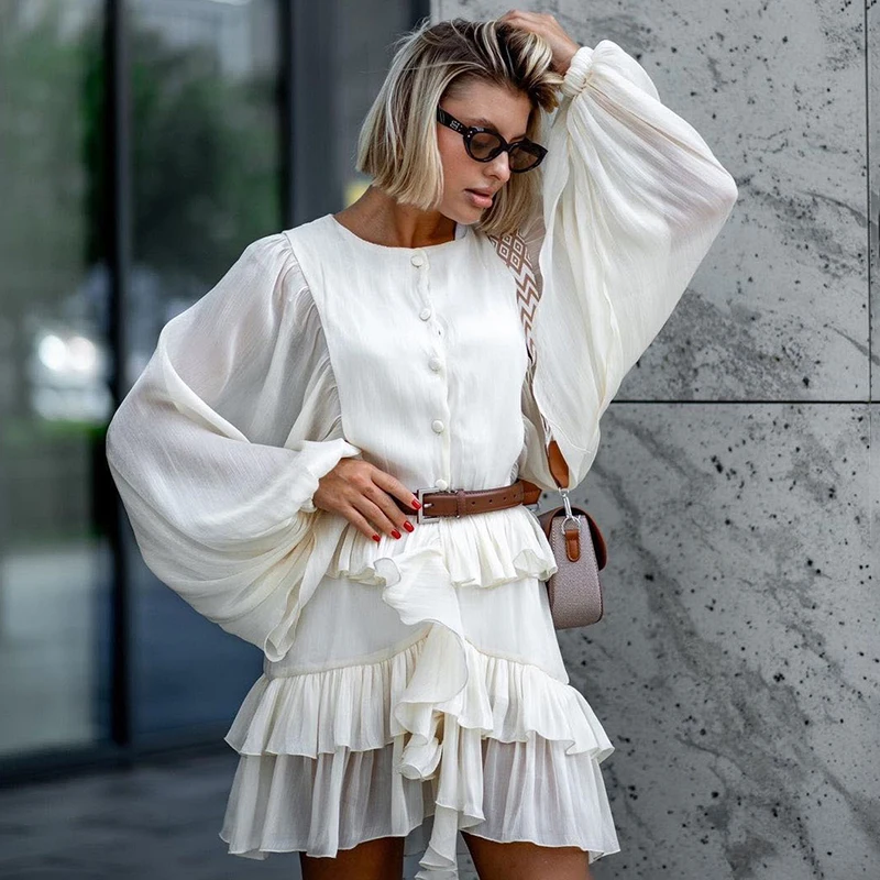 Ticketsx elegante em camadas mini vestido feminino moda manga longa ver através de babados roupa único breasted vestido de festa de verão