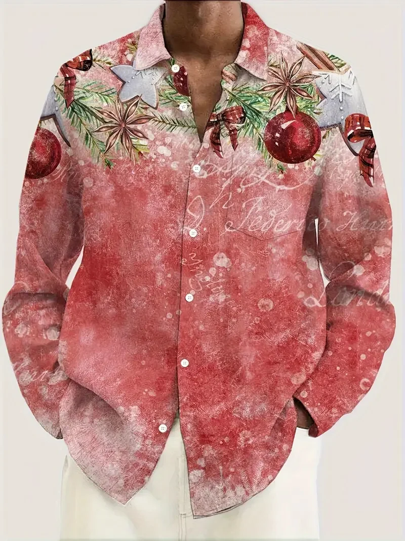 

Christmas Shirt Men Long Sleeve Christmas Pattern 3D Printed Lapel New Year Shirt Christmas Snowman Printed Shirt