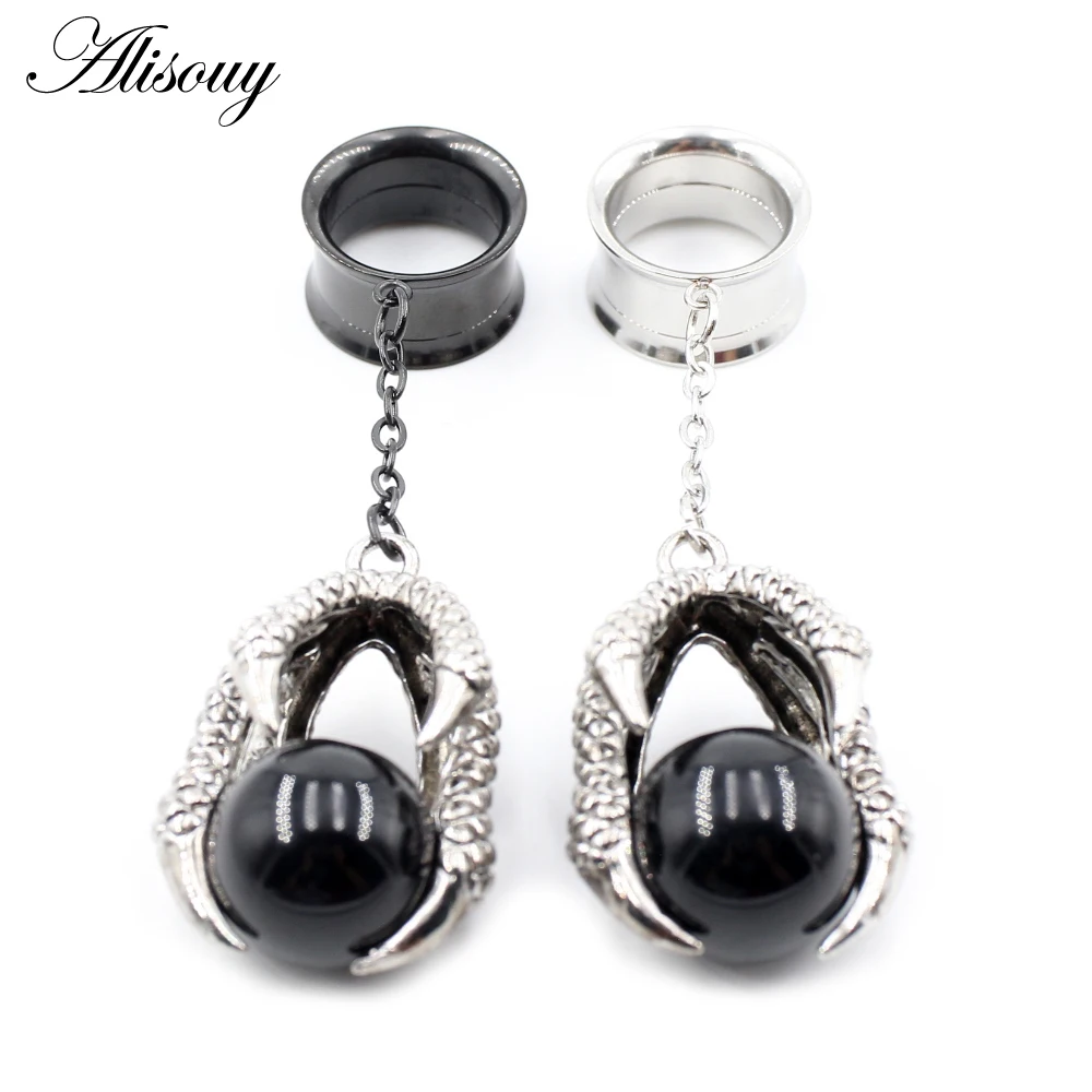 Alisouy 1pc Stainless Steel Hawk Eagle Claw Stone Chain Dangle Flared Ear Plugs Tunnels Expanders Stretcher Gauges Body Jewelry
