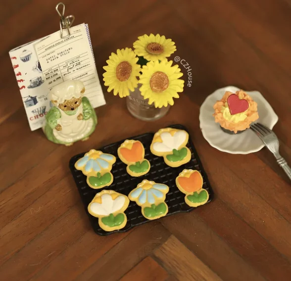 1/6 Scale Miniature Dessert Collection: Heart Cake, Churros, Smile Cookies Soda Bottle & Tiny Bear for BJD Dollhouse Party Scene