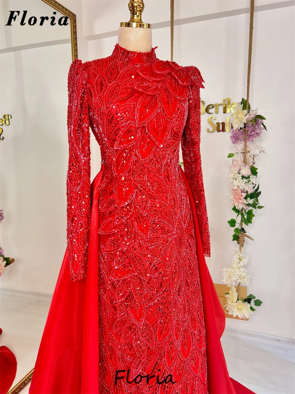 Oriente médio mangas compridas vestidos de noite vermelhos com overskirt vestido de cocktail vestidos de festa de noivado vestidos de cóctel personalizado