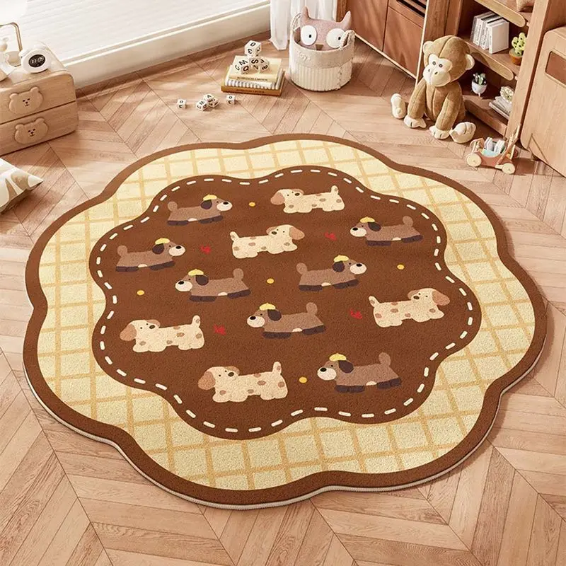 VIKAMA Cartoon Dachshund Dog Plaid Flower Circular Area Rug Short Pile Non Slip Soft Carpet Kids Room Nursery Bedroom Decor