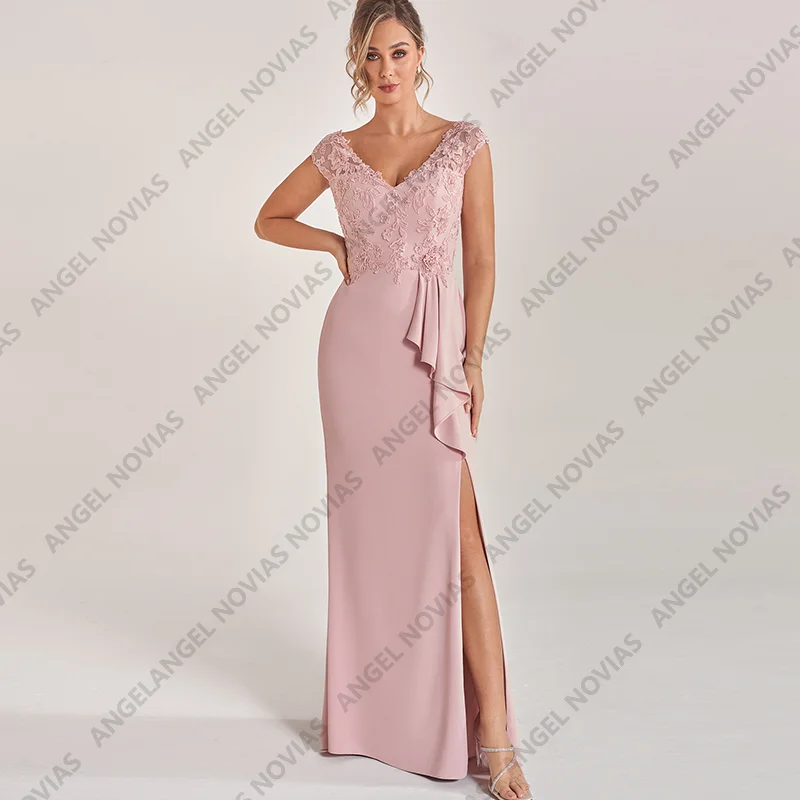 

Spandex Satin Pink Mother of the Bride Dresses with Split Wedding Guest Party Dresses Vestido Para Boda Madre De La Novia
