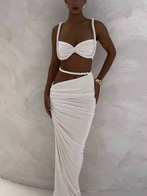 kliou Woven Sexy Women 2 Piece Set Stunning Hot Solid Pleated Crop Camisoles+High Waist Maxi Skirts Female Trend Vacation Outfit - Image 9