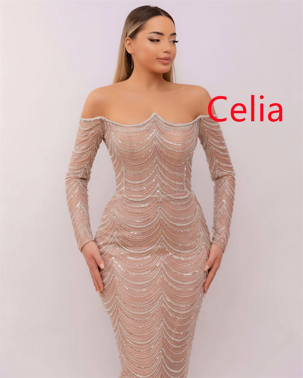 Customized Mermaid Luxury Tulle Evening Dresses Exquisite Off the Shoulder Long Sleeves Celebrity Gowns Fashion Vestido De Festa