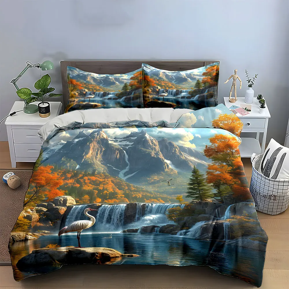 

Autumn Mountain Waterfall Red-crowned Crane Duvet Cover Set,Realistic Landscape Bedding Includes 1 Duvet Cover 2 Pillowcase