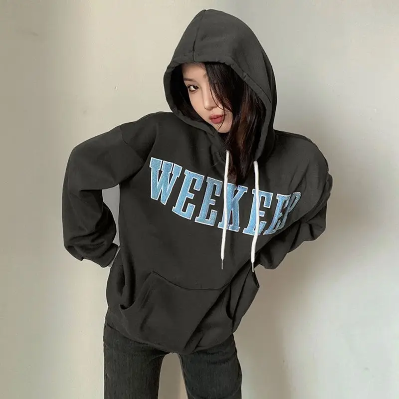 Hooded Sweatshirt High Quality With Letter Embroidery Flocking For Women Plus Velvet American Loose Slimming Inner And Outer Top