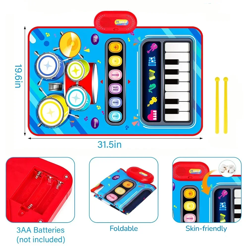 Children's 2In1 Musical Blanket Drum Piano Keyboard Electronic Multifunctional Jazz Instrument Educational Toys Boys Girls Gift