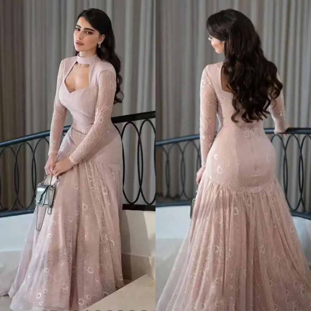 

High Quality Customized V-neck Full Sleeves Floor Length Lace Pink Backless Vestidos Elegantes Para Mujer Para Una Boda Dresses