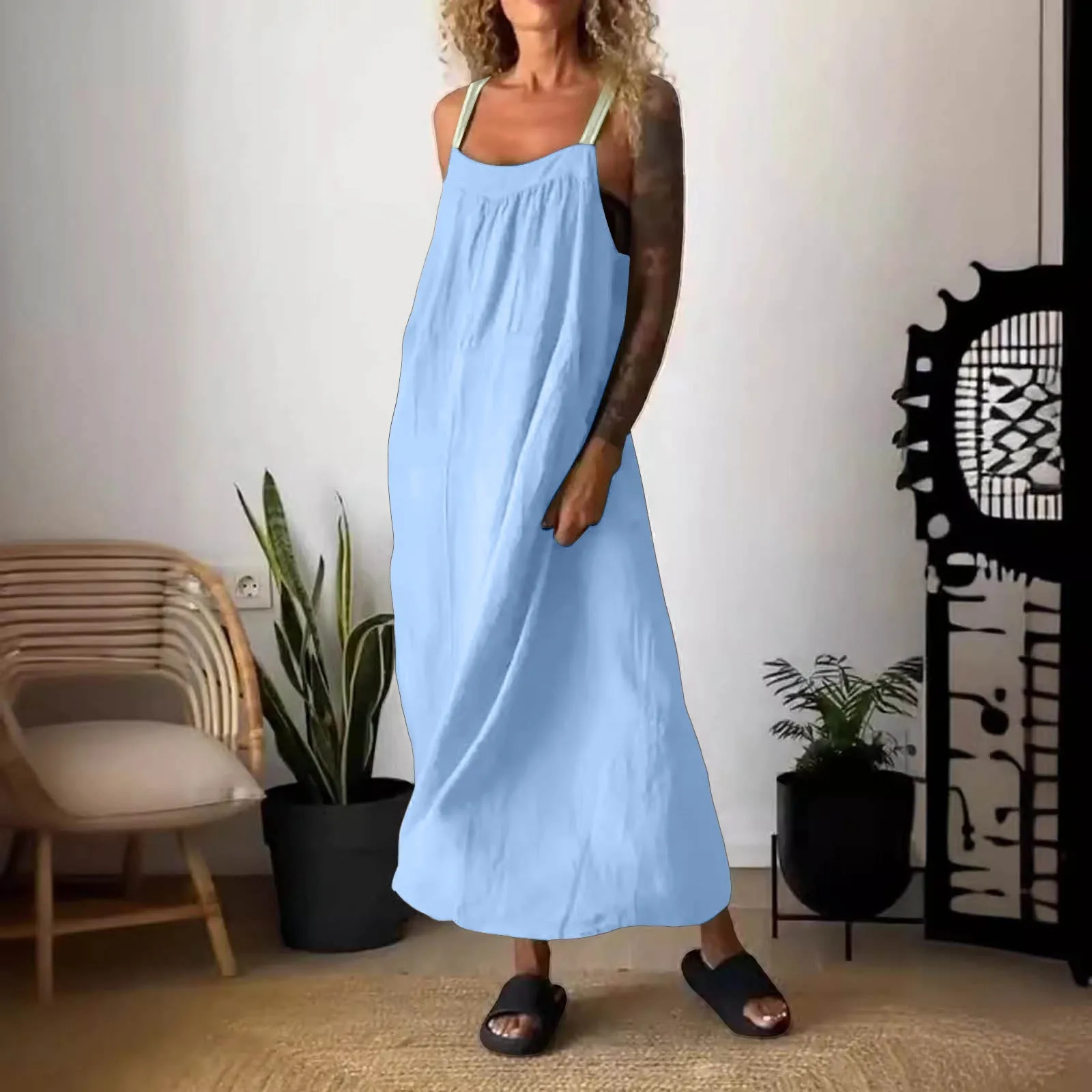 

Summer Dress For Women 2024 New Fashion Low Neck Boho Beach Dress Solid Colour Sleeveless Loose Casual Long Maxi Dresses