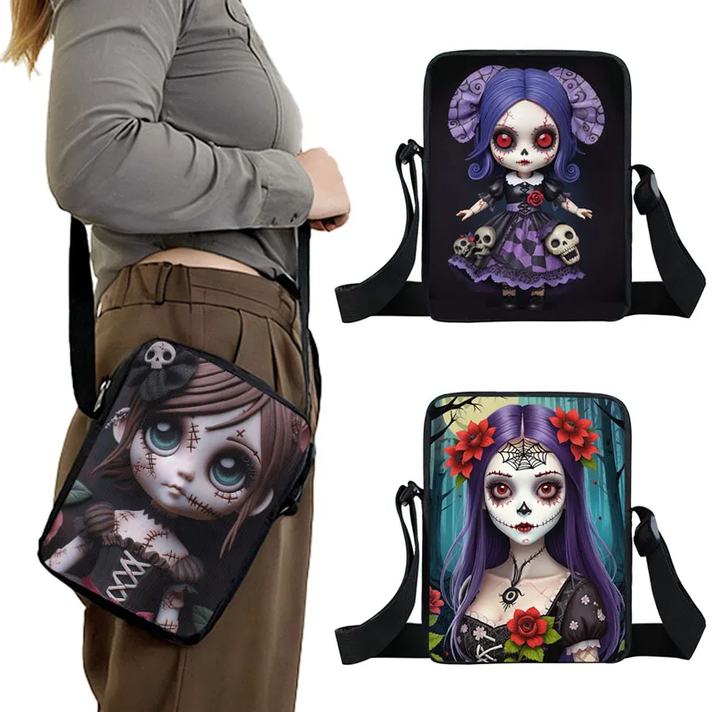 

Horror Zombie Girl Print Crossbody Bag Gothic Zombie Doll Skull Women Handbag Phone Holder Messager Shoulder Bags Book Bag Gift