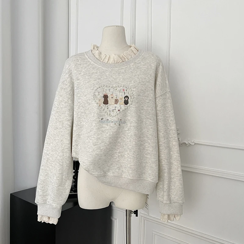 LUZHEN 2024 New Round Neck Loose Long Sleeve Sweatshirt Women's Fashion Warm Liner Pearl Decorate Pullover Female Clothes AA2833