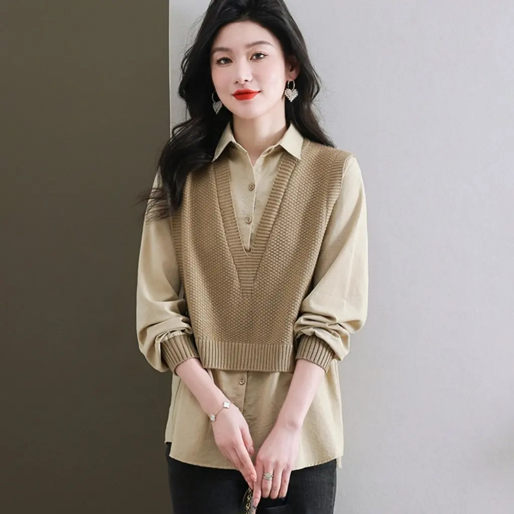 

Spring Women's Slim Loose Western Style Shirt New Fake Two-Piece Spliced Day Shirt Fashionable And Stylish Top for Women