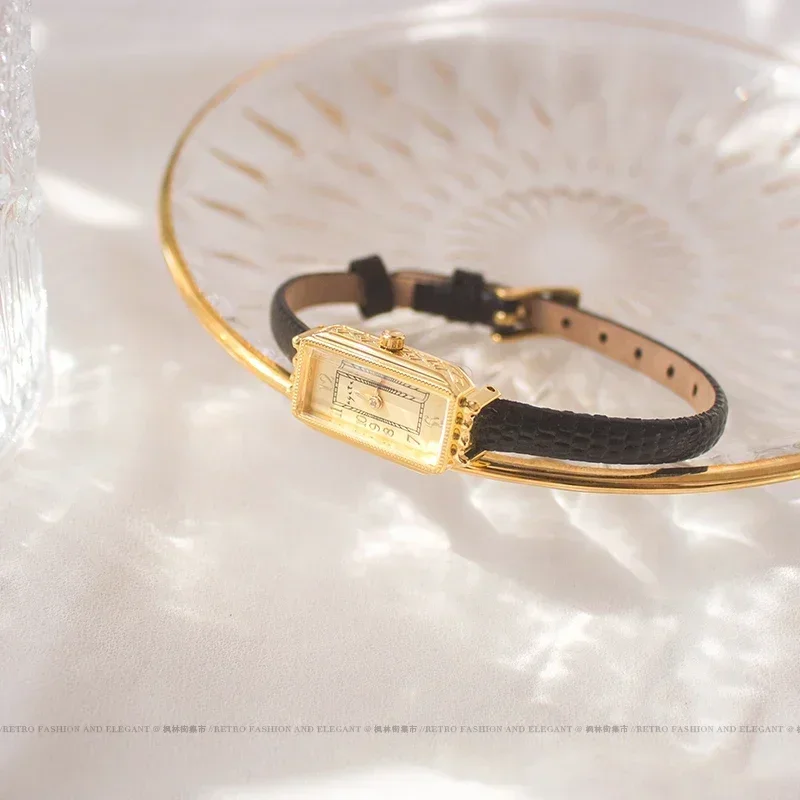 2024 New Women's Quartz Watch Gold Case Luxury Temperament Vintage Elegant Bracelet Real Belt Japanese Movement Gift for Lovers