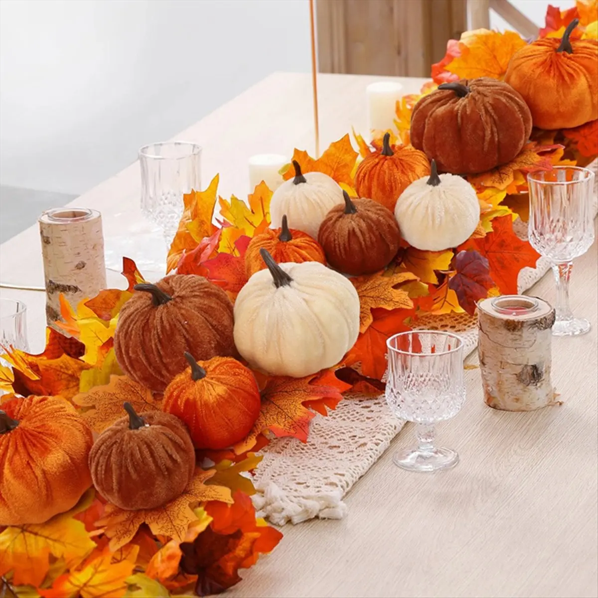 Artificial Pumpkins Decor,3 Colors Faux Flocked Pumpkins Decoration for Party Wedding Halloween Thanksgiving Table Decor