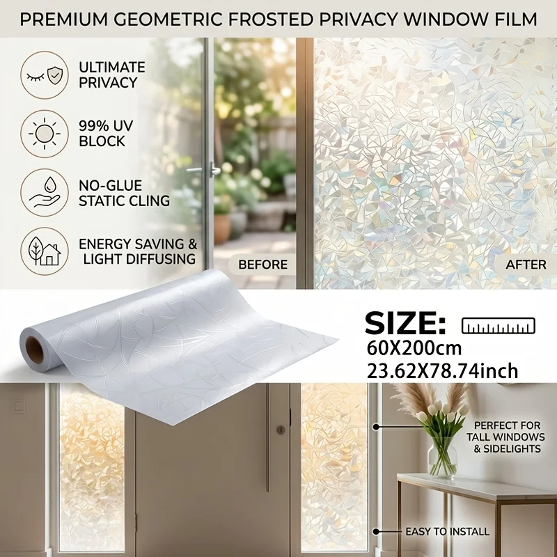 Iridescent Mirror Privacy Window Film Static Cling No Glue Cut to Size Removable for Bathroom Bedroom Living Room Glass Door