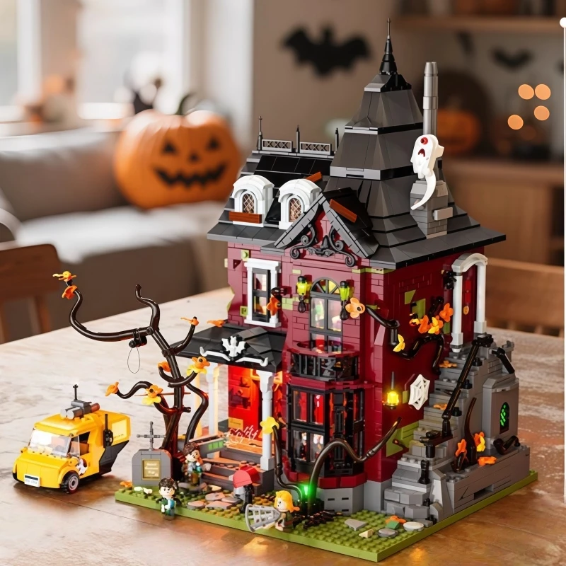 Casa Encantada de terror de medianoche, serie de bloques de construcción, juguete de construcción de Halloween, modelo de escena callejera, adornos, regalo de Halloween