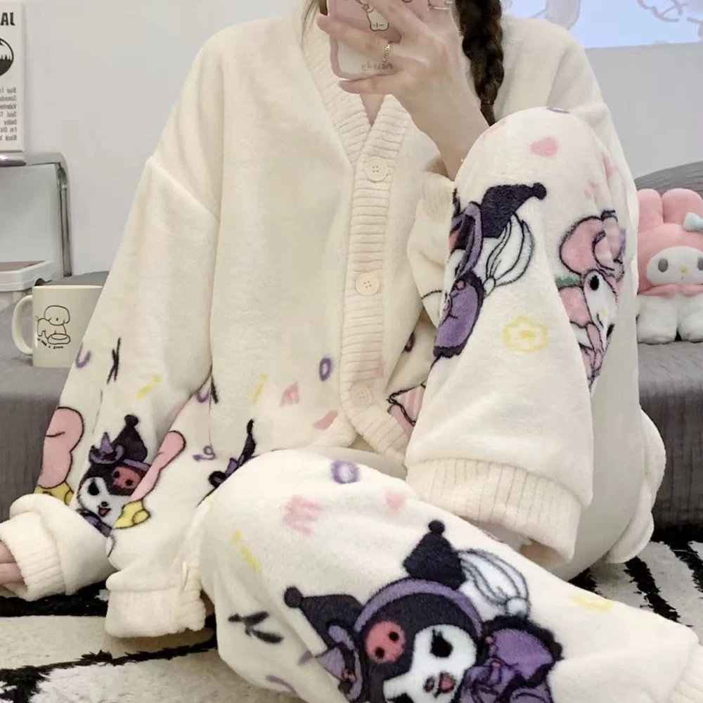 

Sanrio Kawaii Cinnamoroll Kuromi кардиган плюшевый пижамный комплект для женщин аниме My Melody домашняя одежда весна зима сладкий утепленный