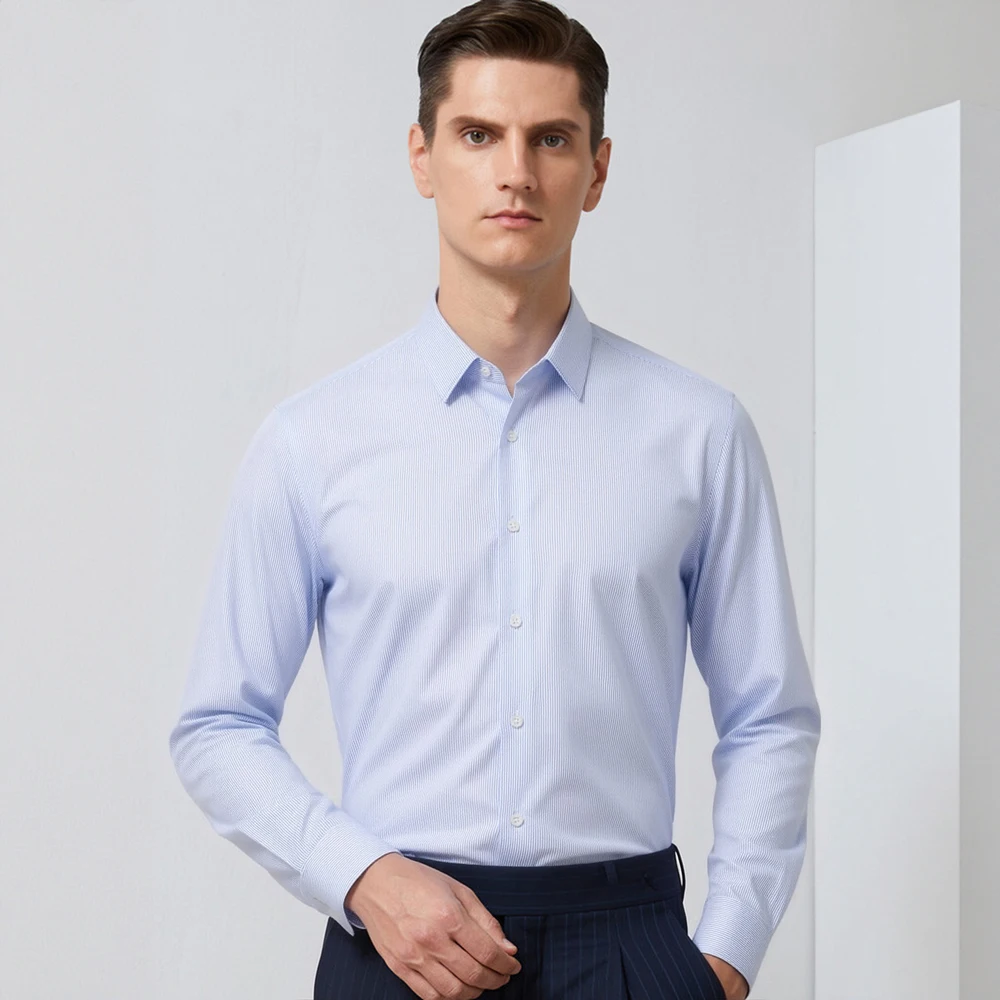 

Men's Non-iron Slight Strech Pin-Striped Dress Shirts without Pocket Comfortable Wrinkle Free Long Sleeve Button-up Shirt
