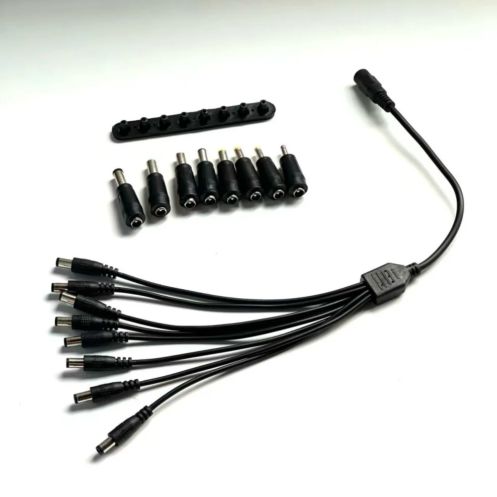 Cabo dc divisor de 1 a 8 com 8 peças de conectores dc diferentes 5.5*2.1mm dc 12v 1 fêmea 8 macho estender cabo de alimentação