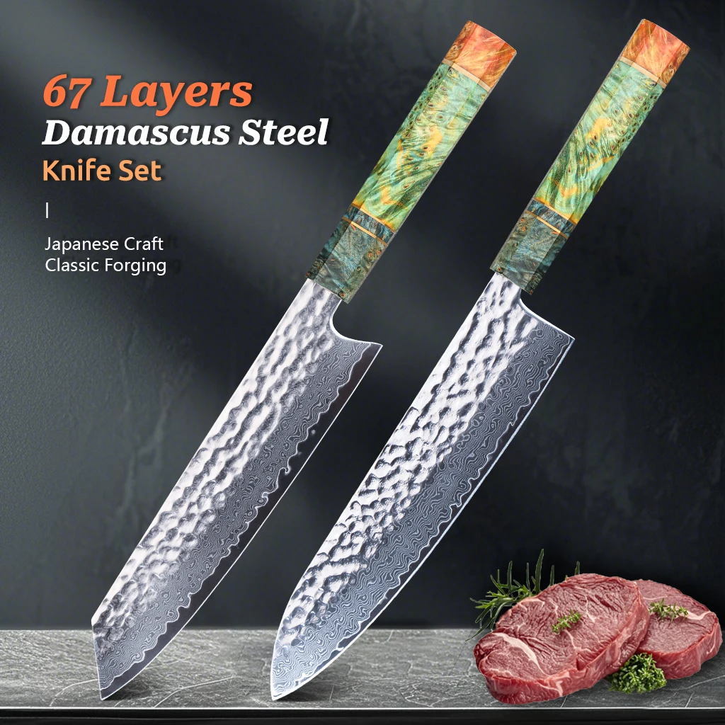 

8 inch Kitchen chef Knife Damascus steel 67 layer Vg10 core Set Handmade Colored Wood Handle