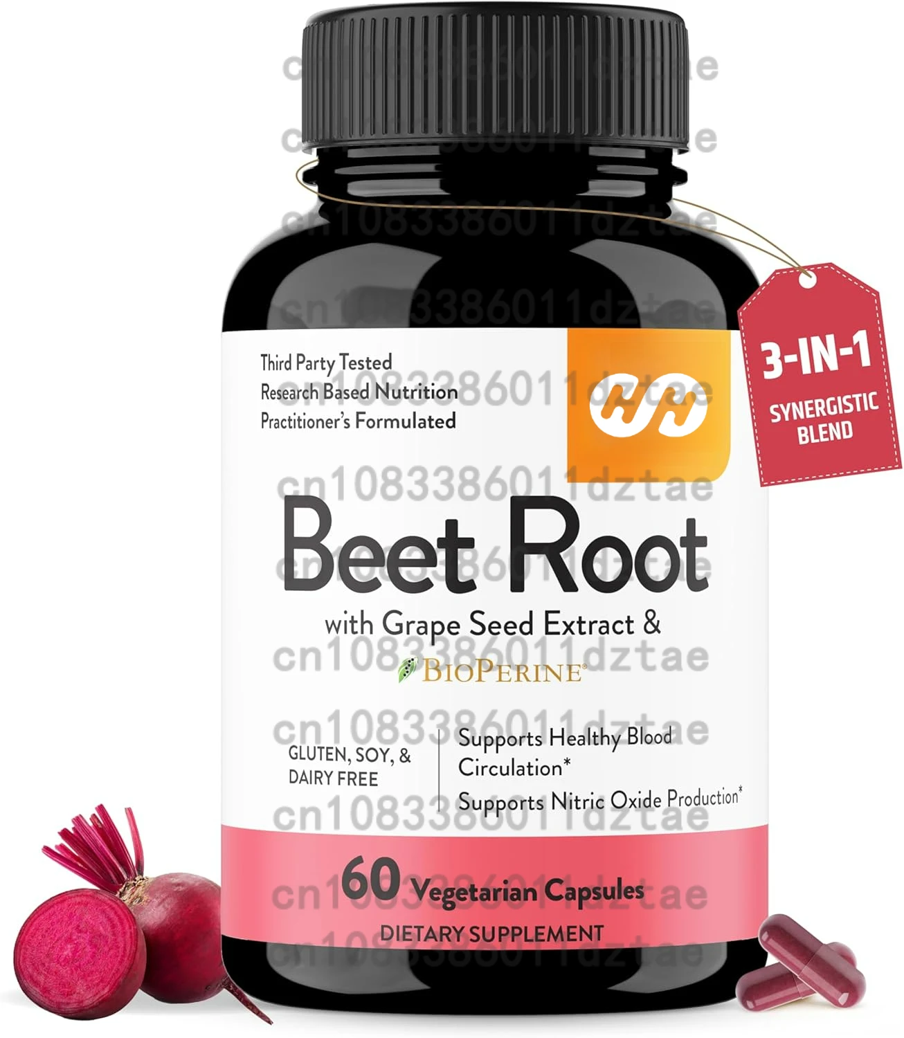 

Beet Root Capsules with Black Pepper & Grape Seed Extract Supports Blood Pressure,Digestive, Immune System - Non-GMO 60 Capsules