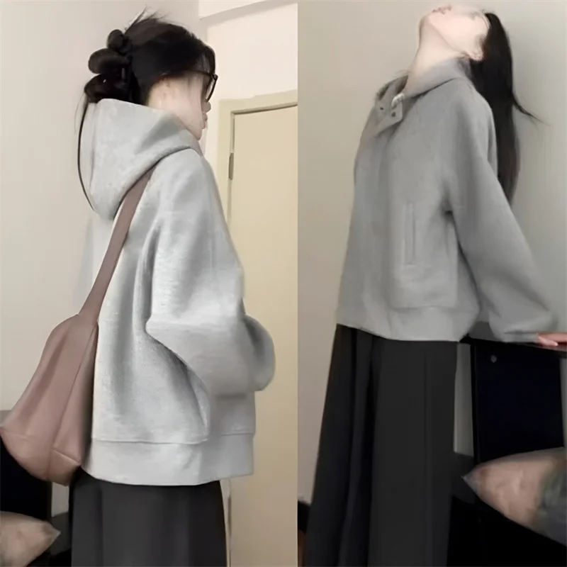 American Style Design Jacket for Women Spring Autumn 2026 New Style Loose Korean Temperament High-end Gray Hooded Sweatshirt Top