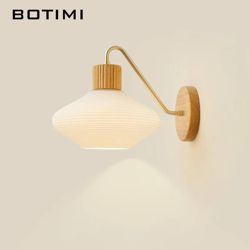 

BOTIMI Modern Home Decorative Glass Lampshade Solid Wood Wall Lamp For Bedroom Nordic Beside Wall Sconce (LED Bulb For Free