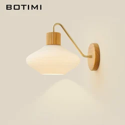 BOTIMI Modern Home Decorative Glass Lampshade Solid Wood Wall Lamp For Bedroom Nordic Beside Wall Sconce (LED Bulb For Free
