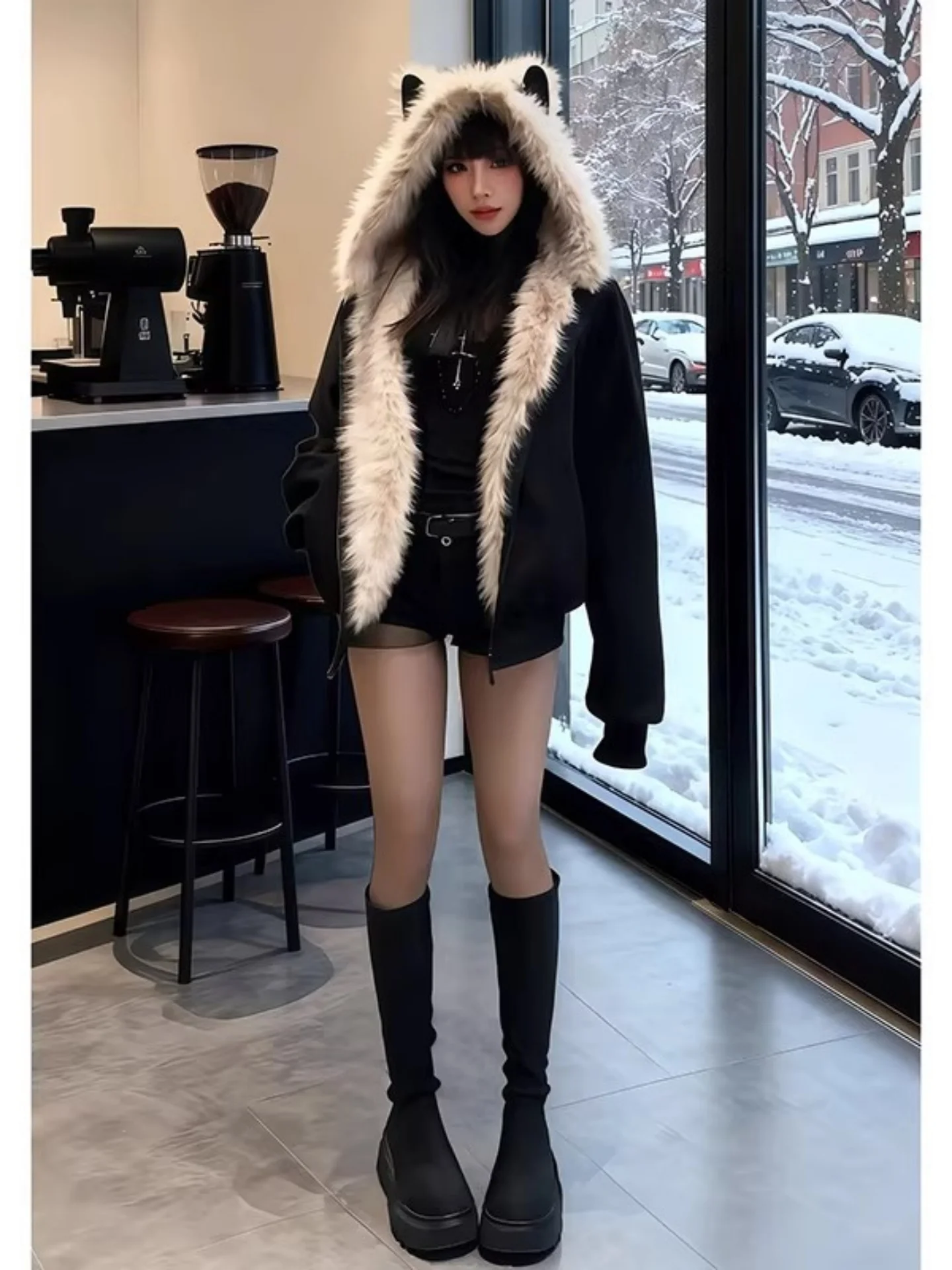 

Kitten Ear ort Thiened Suede Cotton Jaet Winter Warm Hooded Coat Korean Sle Youth Faion Casual Loose Fit Zipper Clo...