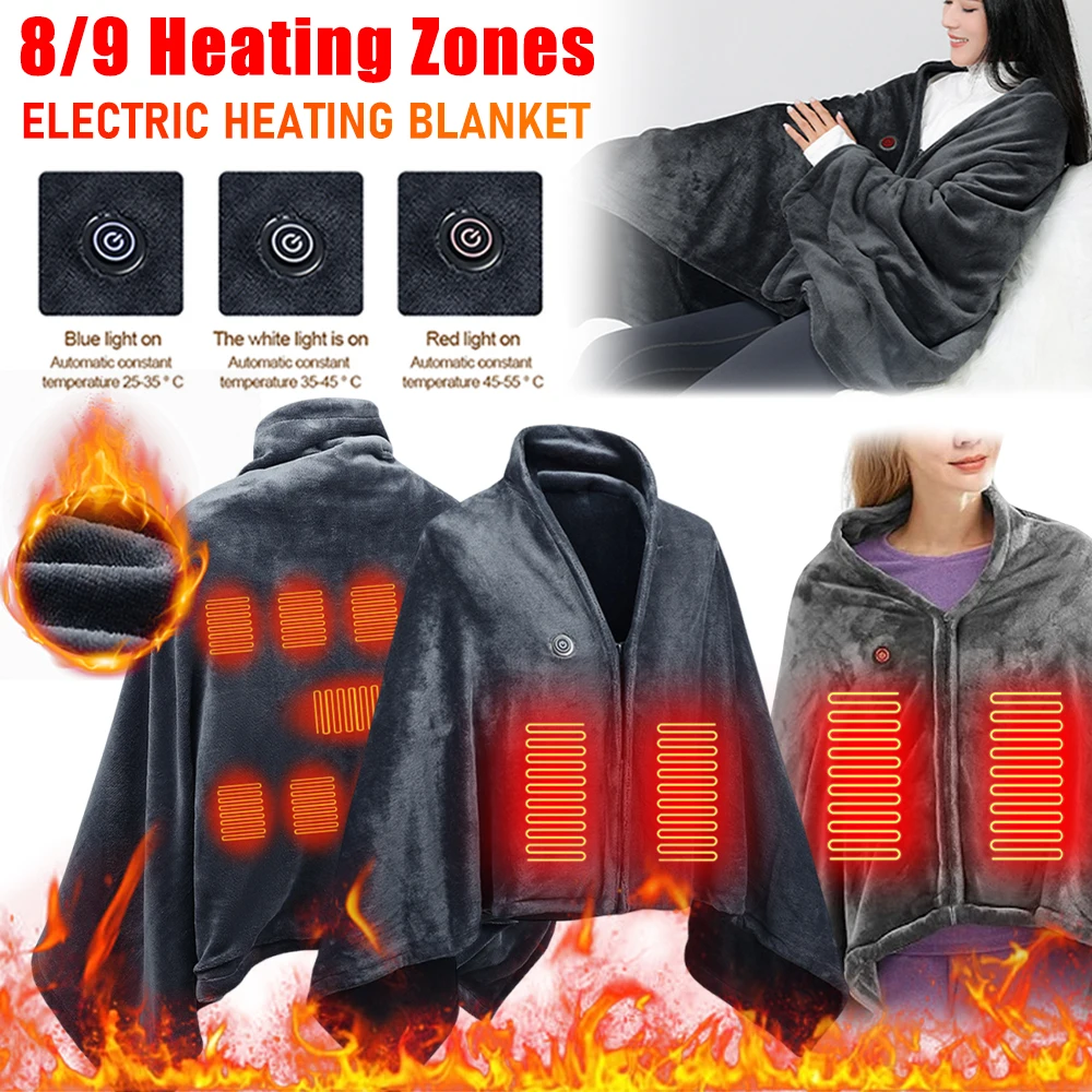 USB Electric Heating Blanket 8/9 Fast Heating Zones Wireless Heated Shawl Throw Blanket Coral Velvet Warmer for Outdoor Camping