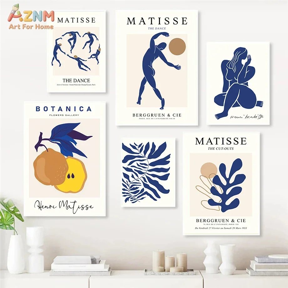 AZNM Blue Matisse Canvas Wall Art Abstract Figure Fruit Botanical Cut Outs Print Unframed Canvas Painting Modern Gallery Decor