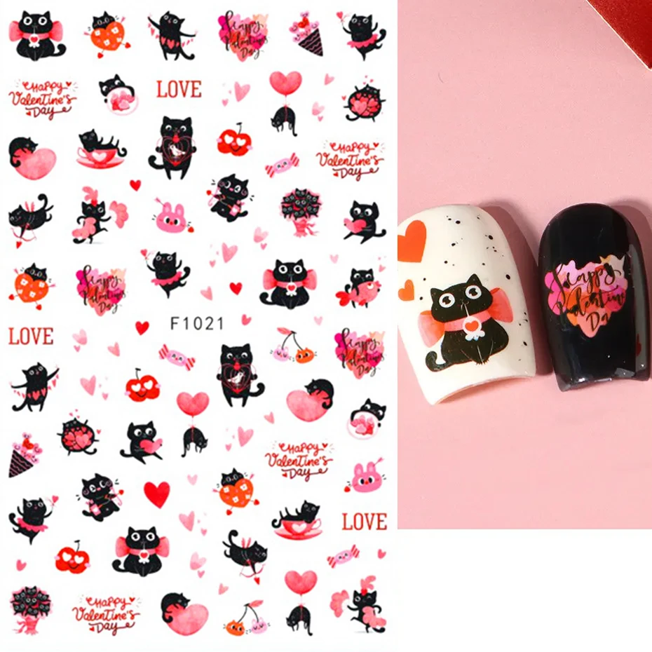 Pegatinas de uñas de San Valentín de dibujos animados 3D, corazón de amor, gato, oso, globo, letras rosas, láminas románticas, esmalte de Gel deslizante, decoración de manicura