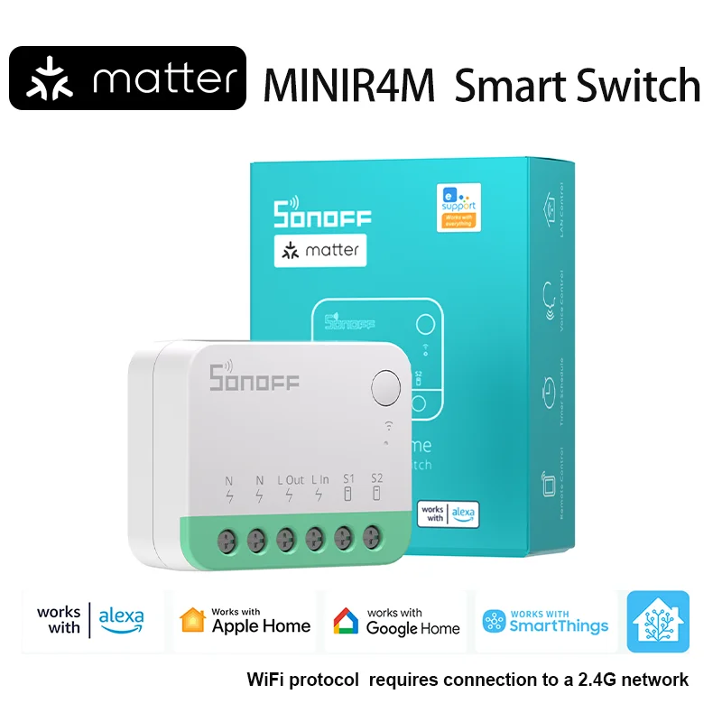 

Умный переключатель SONOFF MINIR4M Extreme Matter Wi-Fi — простая установка Подходит для монтажной коробки, преобразует обычный переключатель в Smart, 10 А 24