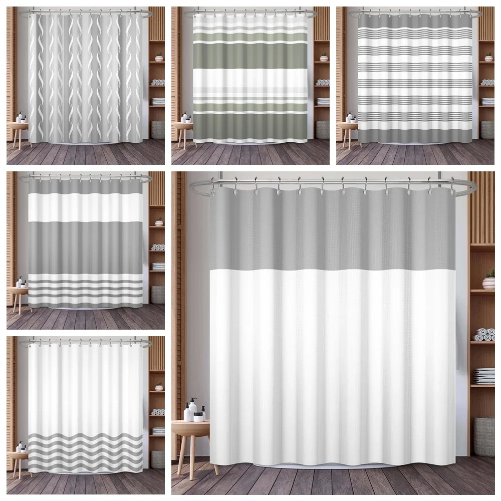 Waffle Shower Curtains Modern Hotel Style Striped Geometric Pattern Bath Decor Waterproof Polyester Bathroom Curtain with Hooks