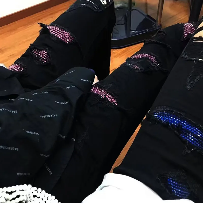 

High Elastic Denim Jeans Blue Diamond Poered Diamond Splatter Hole Waed Old Sle Slim Fit Long Pants Youth Casual Cotton...
