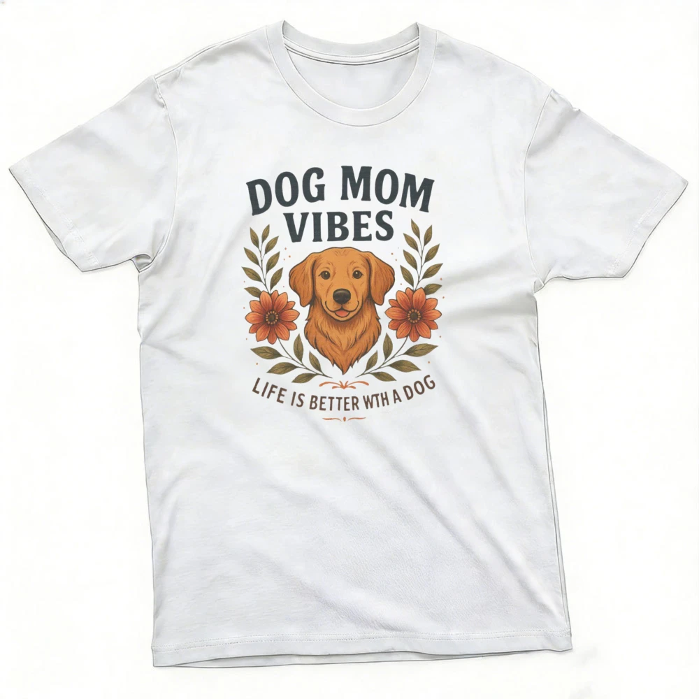 Dog Mom Vibes Golden Retriever Men T Shirt Summer Floral Wreath Slogan Tee Pet Owner Pose Portrait Casual Family T Shirt