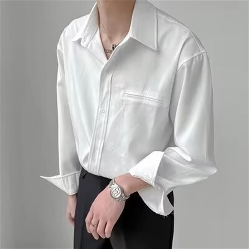 2025 Autumn Solid Color Casual Loose Long Sleeved Shirts Men Lapel Business Social Street Wear Shirts Camisas Para Hombre