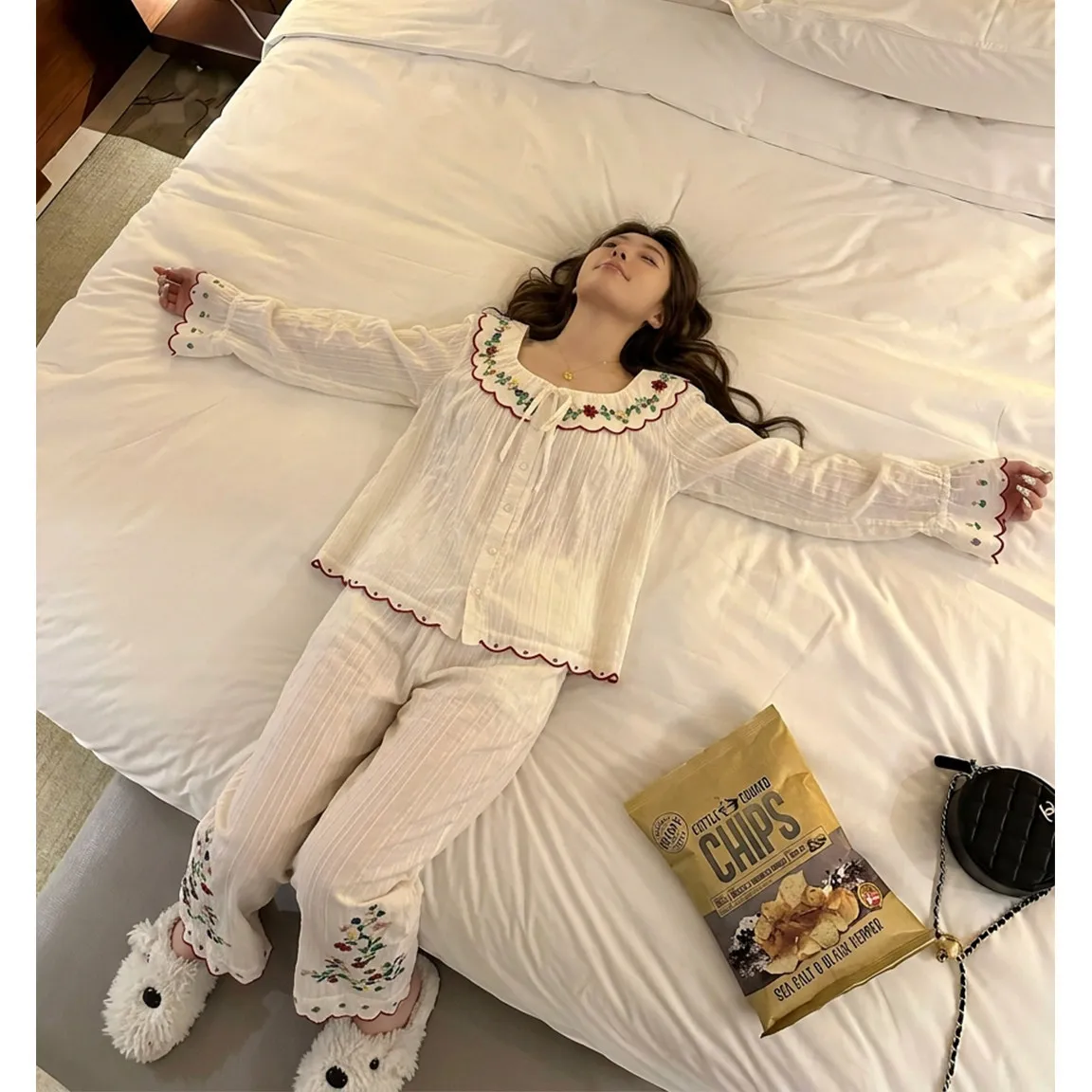 Sweet Embroidered Flower Pajamas Women's Spring and Summer 2026 New Long-sleeved Trousers Loungewear Set