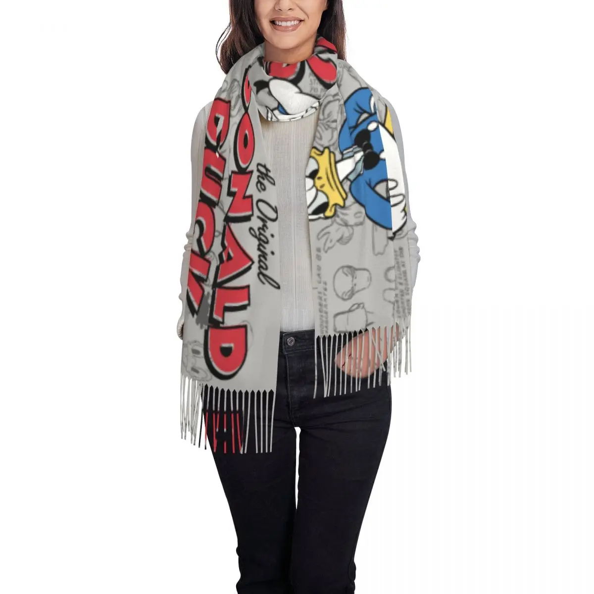 Custom Donald Duck Sketches Tassel Scarf Women Winter Warm Shawls Wraps Ladies Scarves