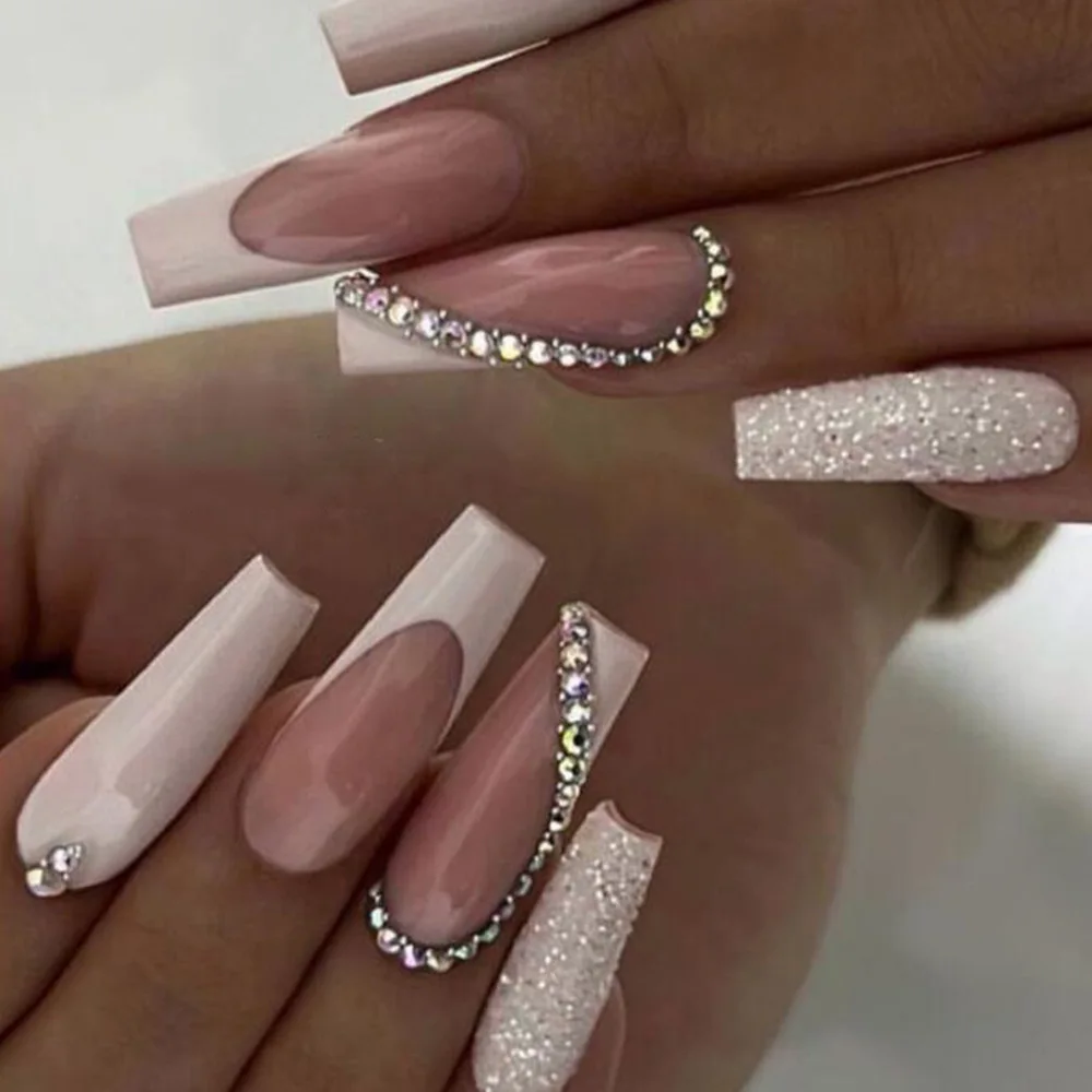 3D fake nails accessories nude white long french coffin tips with glitter heart diamond designs faux ongles press on false nail