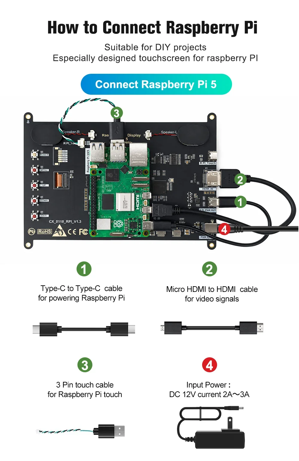 Raspberry Pi 5 7/8 Inch Screen, IPS TFT LCD HDMI Display Touch Screen Monitor 1024*600 1920*1200 HDMI Speaker for DIY Student